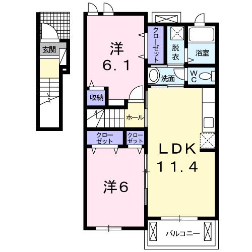 サウス ウェルズII(2LDK/2階)の間取り写真