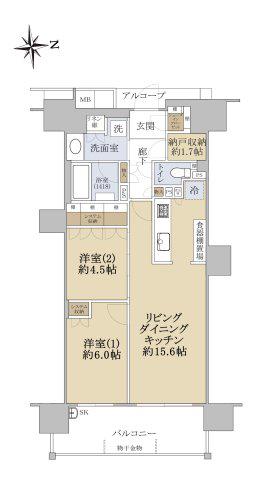 サンクタス大津石山(2LDK/14階)の間取り写真