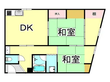 阪急神戸線 夙川駅 徒歩8分 4階建 築48年(2DK/3階)の間取り写真
