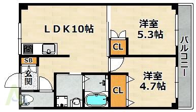 セイシェル長田山手(2LDK/3階)の間取り写真