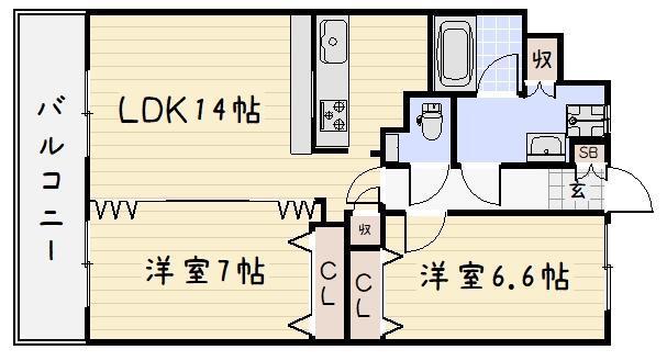 ニューリバー三萩野(2LDK/3階)の間取り写真