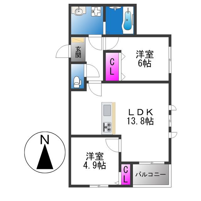 リアノーラ平野ウエスト(2LDK/2階)の間取り写真