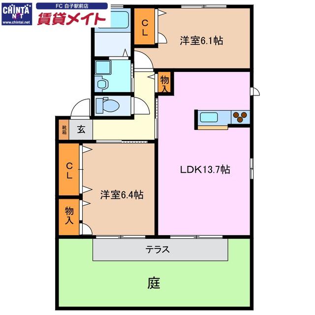ヒュドールヒューレーA棟(2LDK/1階)の間取り写真