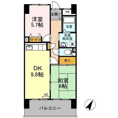 アーバンドエル原(2DK/11階)の間取り写真