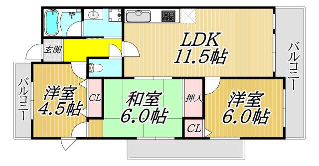 イーリス武庫之荘(3LDK/3階)の間取り写真