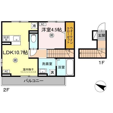 リバーオークスやまが(1LDK/2階)の間取り写真
