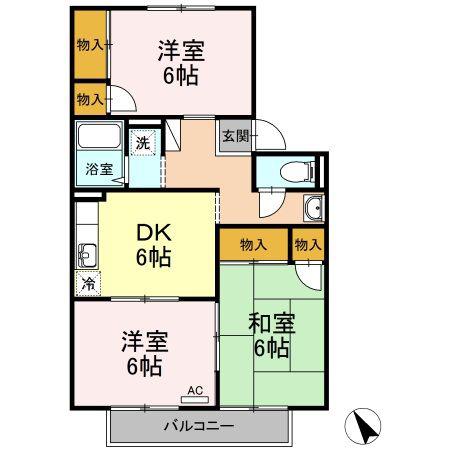 ゼフィールA棟(3DK/2階)の間取り写真