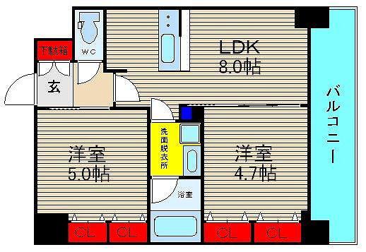 エステムプラザ難波ウエストII プレディア(2DK/15階)の間取り写真