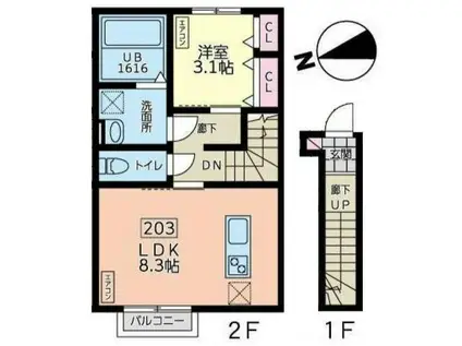 デュマンI(1LDK/2階)の間取り写真