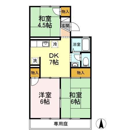 セジュール三島B棟(3DK/1階)の間取り写真