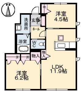 ソルコートC棟(2LDK/1階)の間取り写真