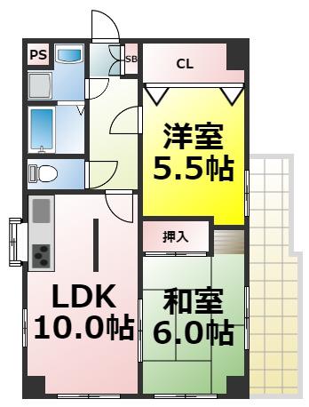 小川ハイツ九条南(2LDK/5階)の間取り写真