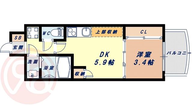 ラシュレエグゼ夕陽丘(1DK/11階)の間取り写真