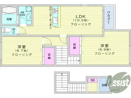 ボンヌール袋原(2LDK/2階)の間取り写真