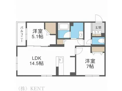 8 3W2 HACHI SAN ウエスト NY(2LDK/4階)の間取り写真