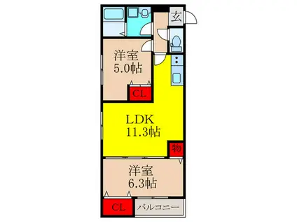 クレセル利倉東I(2LDK/3階)の間取り写真