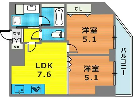 ロイヤルヒル神戸三ノ宮II(2LDK/11階)の間取り写真