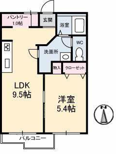 サンディスク米山B棟(1LDK/2階)の間取り写真