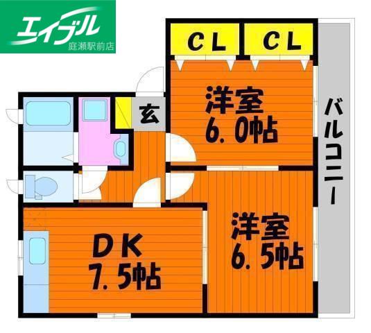 ラッキータウン庭瀬G棟(2DK/2階)の間取り写真