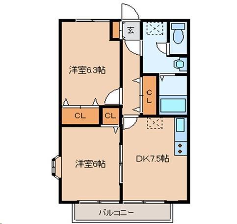 ルミエール砂押(2DK/2階)の間取り写真