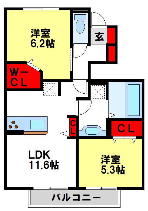セジュールプルニエ2(2LDK/1階)の間取り写真