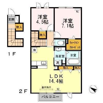 ワンロード(2LDK/2階)の間取り写真