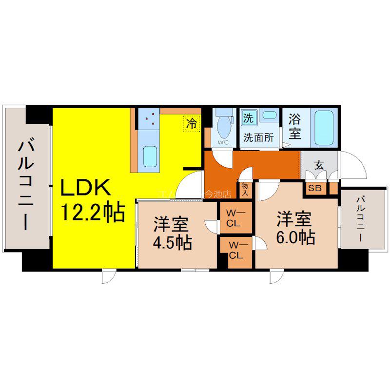 S-RESIDENCE茶屋ヶ坂イースト(2LDK/3階)の間取り写真