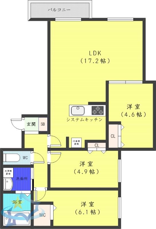 アルファスクエア円山2条(3LDK/4階)の間取り写真