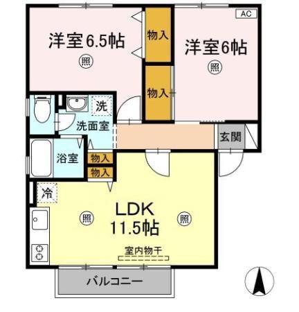 ハイカムール花尻B棟(2LDK/2階)の間取り写真