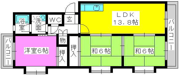 クレスト5周船寺(3LDK/2階)の間取り写真