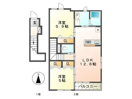 クレッセント若林B(2LDK/2階)の間取り写真