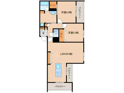 シャーメゾン オークルート奈良(2LDK/2階)の間取り写真