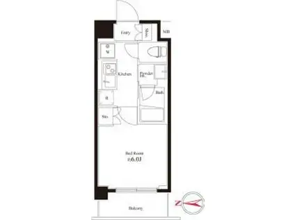 ハーモニーレジデンス武蔵小杉(1K/2階)の間取り写真