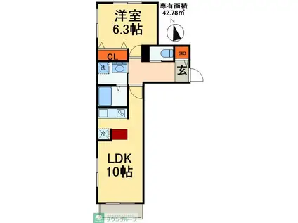 ユニゾンウエスト(1LDK/1階)の間取り写真