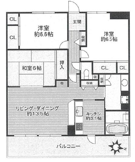 ロワイヤル北今宿 弐番館(3LDK/5階)の間取り写真