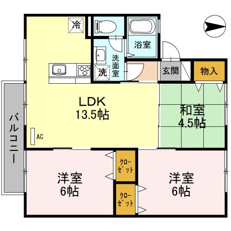エクセレントサカウエA棟(3LDK/2階)の間取り写真