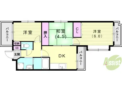 シュロス五月山(3DK/5階)の間取り写真