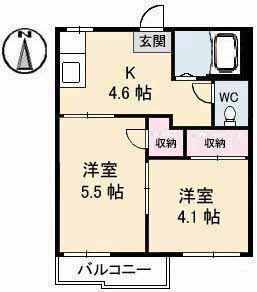 ハイツあかね B棟(2K/2階)の間取り写真