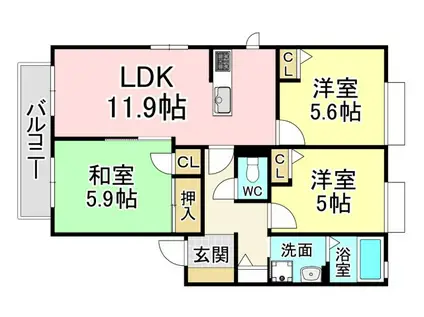 フェリーチェ学研台I C棟(3LDK/2階)の間取り写真
