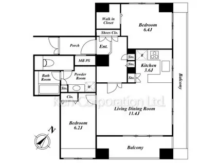 レジディア新川II(2LDK/11階)の間取り写真