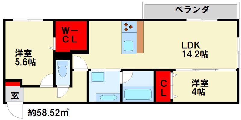 D-ROOM浅生(2LDK/2階)の間取り写真