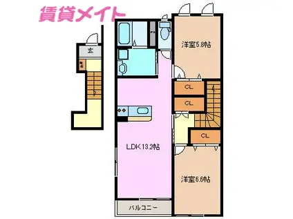 フェリーチェ B棟(2LDK/2階)の間取り写真