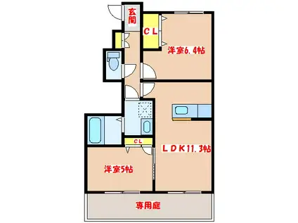 ヴィラーチェ平佐B棟 (2LDK/1階)の間取り写真