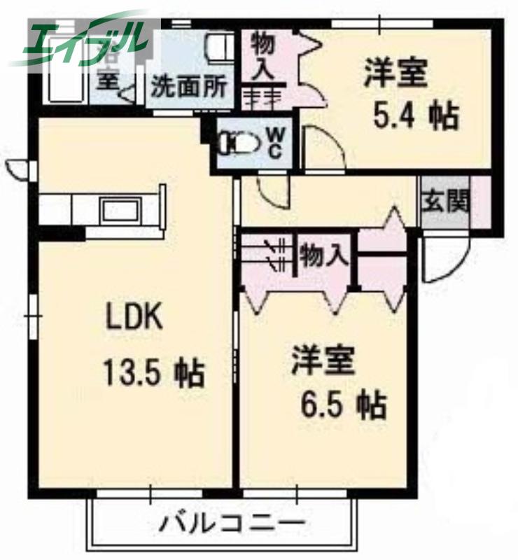 ラ・パルテール福田 五番館(2LDK/2階)の間取り写真