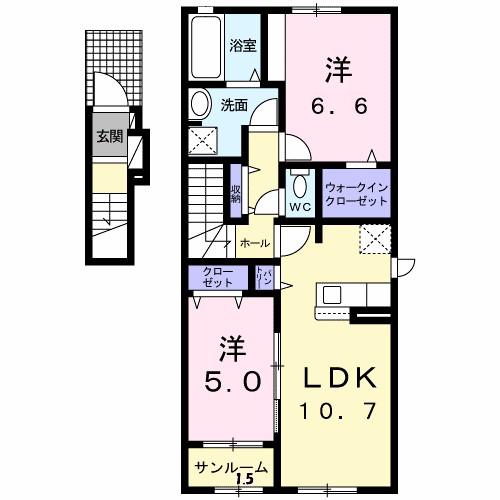 ヴィラ シャングリラ 寺尾(2LDK/2階)の間取り写真