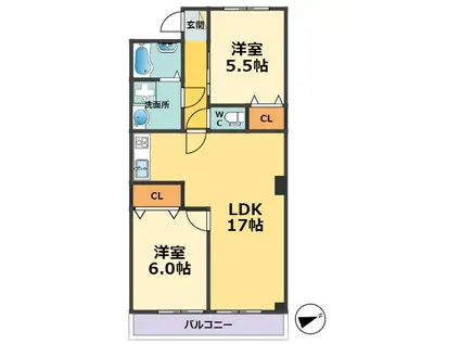 アルモニーナカモトI(2LDK/2階)の間取り写真