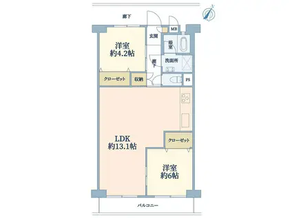 三ッ沢ハイタウン1号棟(2LDK/3階)の間取り写真