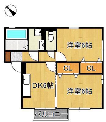 ハート学研台A棟(2DK/2階)の間取り写真