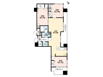 アクタス渡辺通パークシティ(3LDK/14階)の間取り写真
