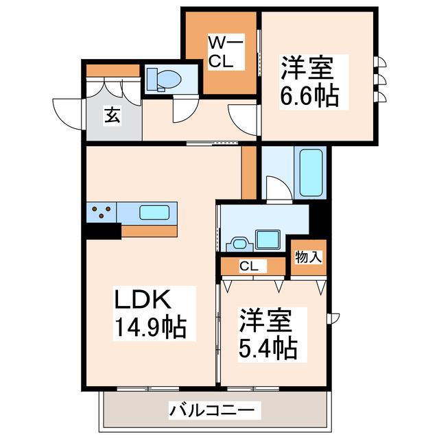 シャーメゾン江津湖(2LDK/2階)の間取り写真